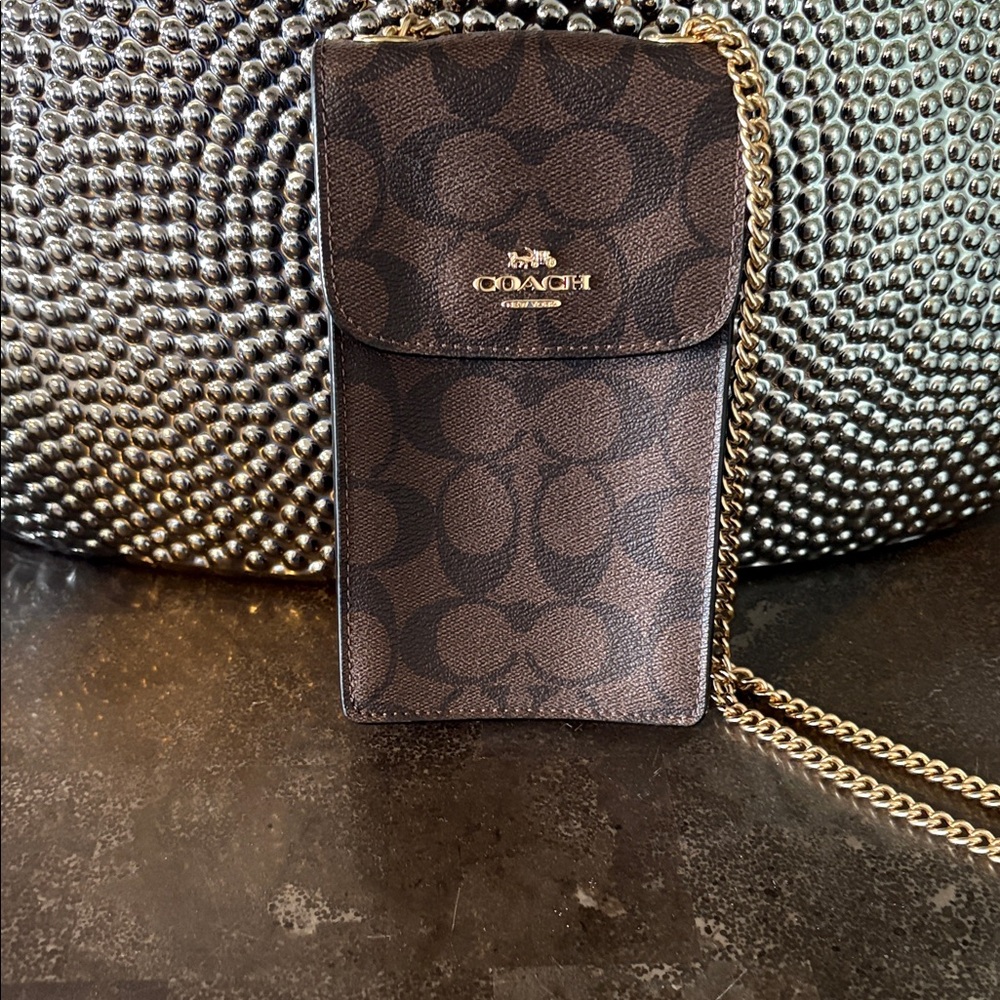 Coach Brown and Black Signature Chain Crossbody Phone Pouch